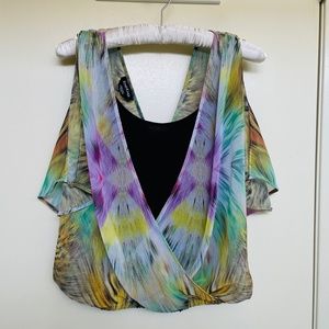 Tiger Print Tie Dye butterfly blouse open slit sleeves & black cami XXS- XS Bebe